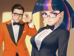 Size: 1360x1020 | Tagged: safe, derpibooru import, editor:sammykun, machine learning generated, stable diffusion, twilight sparkle, human, breasts, clothes, crossover, eggsy (kingsman), female, humanized, image, kingsman: the secret service, male, movie reference, png, reasonably sized breasts, spy, suit, tuxedo