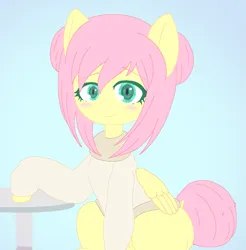 Size: 1439x1463 | Tagged: artist needed, source needed, safe, derpibooru import, fluttershy, pegasus, pony, alternate hairstyle, blushing, bottomless, clothes, dock, folded wings, hair bun, ibispaint x, image, missing cutie mark, partial nudity, png, simple background, smiling, solo, sweater, sweatershy, table, tail, tail bun, wings