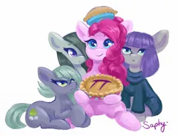 Size: 2048x1584 | Tagged: safe, artist:saphypone, derpibooru import, limestone pie, marble pie, maud pie, pinkie pie, earth pony, pony, female, food, image, jpeg, mare, pi, pi day, pie, pie sisters, siblings, simple background, sisters, white background