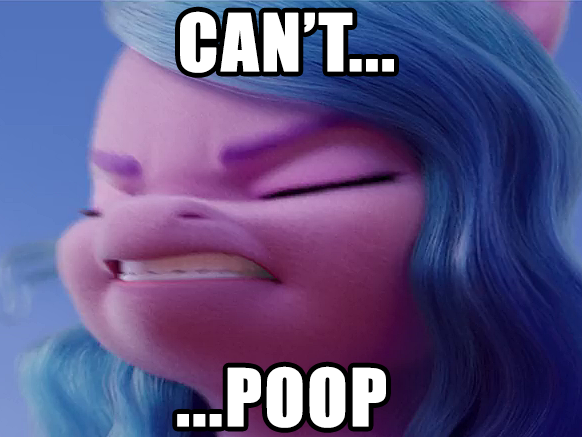 Size: 582x437 | Tagged: safe, derpibooru import, edit, edited screencap, screencap, izzy moonbow, pony, unicorn, my little pony: a new generation, constipated, constipation, cropped, eyes closed, female, g5, gritted teeth, image, implied pooping, png, pushing, solo, teeth, this is how a unicorn poops