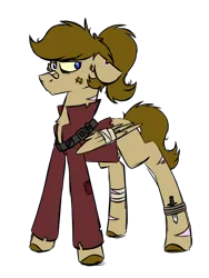 Size: 600x800 | Tagged: safe, artist:fuckomcfuck, derpibooru import, oc, oc:doodles, pegasus, pony, alternate universe, bandage, belt, bruised, chest fluff, clothes, dagger, image, jacket, png, scar, simple background, solo, the trotting dead, torn clothes, transparent background, weapon