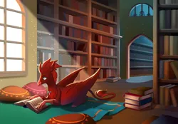 Size: 2868x2000 | Tagged: safe, artist:28gooddays, derpibooru import, oc, unofficial characters only, classical hippogriff, hippogriff, book, bookshelf, commission, crepuscular rays, hippogriff oc, image, indoors, jewelry, library, lying down, necklace, png, prone, reading, solo