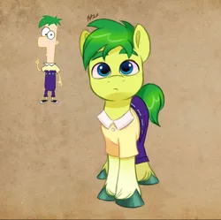 Size: 828x824 | Tagged: safe, artist:artharuhi, derpibooru import, ponified, earth pony, pony, clothes, ferb fletcher, image, jpeg, male, pants, phineas and ferb, shirt, solo