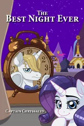 Size: 1000x1500 | Tagged: safe, artist:latecustomer, derpibooru import, prince blueblood, rarity, pony, fanfic, fanfic:the best night ever, canterlot, clock, fanfic art, fanfic cover, groundhog day, image, jpeg