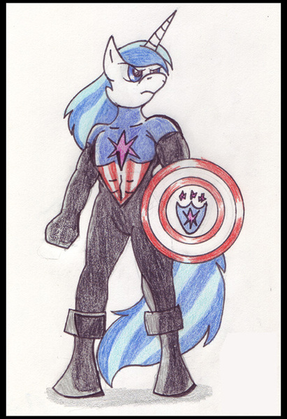 Size: 470x686 | Tagged: safe, artist:rdk, shining armor, anthro, unicorn, avengers, captain america, crossover, image, jpeg, male, shield, solo