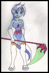 Size: 420x625 | Tagged: safe, artist:rdk, minuette, anthro, unicorn, castlevania, crossover, female, image, jpeg, scythe, solo
