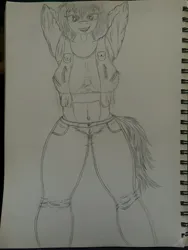 Size: 3024x4032 | Tagged: safe, derpibooru import, oc, anthro, anthro oc, belly button, breasts, clothes, cool, denim, drawing, female, happy, image, jacket, jeans, jpeg, leather, leather jacket, messy mane, messy tail, pants, pencil drawing, pose, sketch, sketchbook, smiling, tail, traditional art
