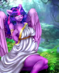 Size: 2362x2952 | Tagged: safe, artist:littlebird, derpibooru import, twilight sparkle, twilight sparkle (alicorn), alicorn, anthro, armlet, forest, image, jewelry, jpeg, looking at you, nipple piercing, nipples, nudity, piercing, preglight sparkle, pregnant, smiling, smiling at you, tree