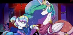 Size: 2163x1027 | Tagged: safe, alternate version, artist:thelunarmoon, derpibooru import, princess celestia, twilight sparkle, oc, oc:lunar moon, alicorn, pony, unicorn, the last problem, chandelier, clothes, colored, coronation dress, crown, dancing, dress, female, glasses, grin, image, jewelry, jpeg, male, mare, mother and child, mother and son, offspring, parent:princess celestia, regalia, second coronation dress, sketch, smiling, sparkly mane, stallion, sternocleidomastoid, traditional art, window