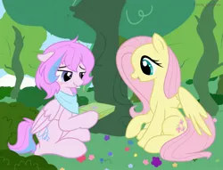 Size: 3270x2500 | Tagged: safe, derpibooru import, fluttershy, oc, pegasus, pony, artist：fuzzy cyclone, flower, forest, grass, grass field, happy, happy birthday, image, jpeg, oc：fuzzy cyclone, pink mane, present, shy, tree