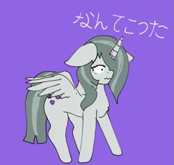 Size: 745x707 | Tagged: safe, anonymous artist, derpibooru import, marble pie, alicorn, pony, 3:, alicornified, floppy ears, image, japanese, moon runes, png, quick sketch, race swap, shocked, simple background, solo, spread wings, wings