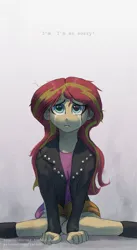 Size: 400x728 | Tagged: safe, artist:raikoh, derpibooru import, sunset shimmer, equestria girls, boots, clothes, crying, high heel boots, image, jacket, jpeg, sad, shirt, shoes, skirt, solo, vest