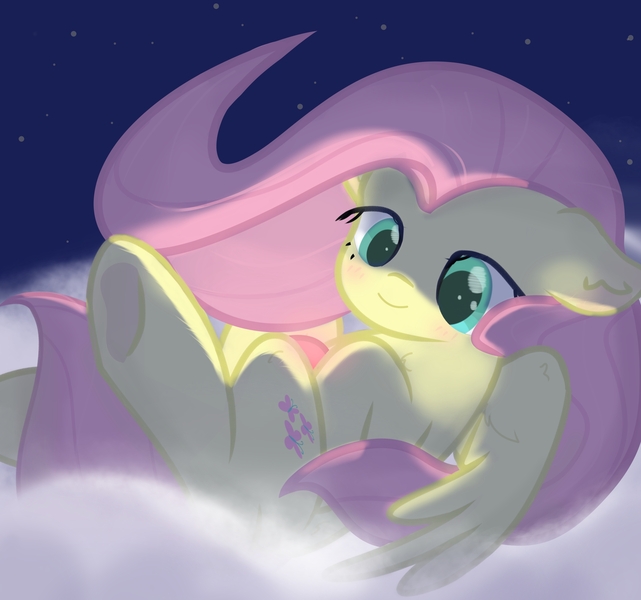 Size: 3277x3066 | Tagged: safe, artist:fuzzy cyclone, derpibooru import, fluttershy, pony, cloud, cute, dark, image, jpeg, lighting, night, starry sky