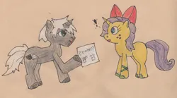 Size: 881x491 | Tagged: safe, derpibooru import, oc, oc:charade, oc:flower dust, unicorn, 2014, bow, hair bow, horn, image, jpeg, oc x oc, pony prom, shipping, traditional art, unicorn oc