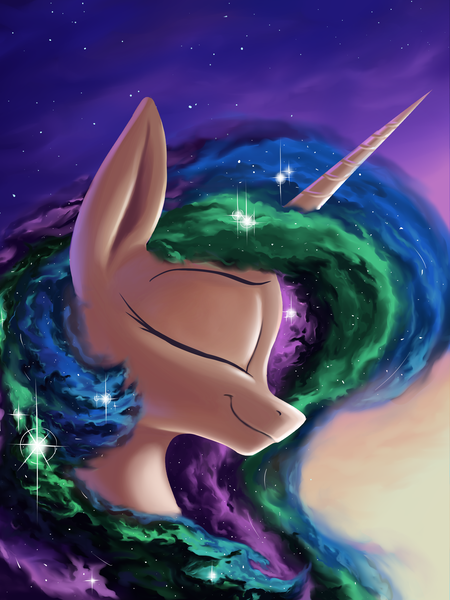 Size: 3000x4000 | Tagged: safe, artist:rocket-lawnchair, derpibooru import, princess celestia, alicorn, female, image, nebula, png, smiling, solo, space, stars