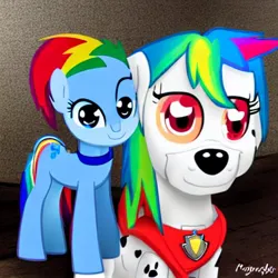 Size: 512x512 | Tagged: safe, artist:thegamerpainter, derpibooru import, machine learning generated, stable diffusion, rainbow dash, dalmatian, dog, pegasus, pony, collar, dog tags, duo, image, jpeg, looking at you, marshall (paw patrol), multicolored hair, paw patrol, puppy dog eyes, rainbow hair