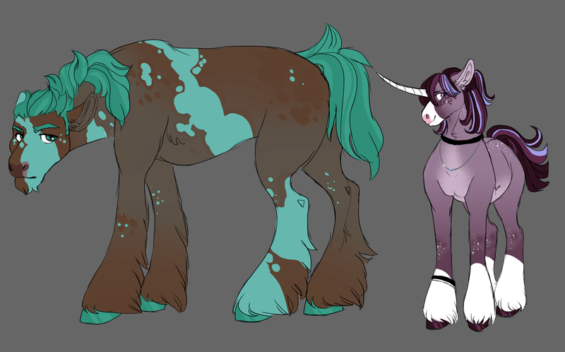 Size: 2855x1776 | Tagged: safe, artist:felinenostalgic, derpibooru import, oc, unofficial characters only, earth pony, pony, unicorn, alternate design, choker, coat markings, cousins, duo, earth pony oc, female, gray background, horn, image, magical gay spawn, male, mare, offspring, parent:big macintosh, parent:shining armor, parent:trouble shoes, parent:twilight sparkle, parents:shiningmac, parents:troubletwi, png, simple background, socks (coat marking), stallion, twitterina design, unicorn oc, unshorn fetlocks