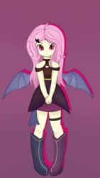 Size: 3193x5661 | Tagged: safe, derpibooru import, fluttershy, bat, bat pony, human, undead, vampire, equestria girls, bat ponified, clothes, dress, flutterbat, image, jpeg, pink hair, race swap, red eyes, shy, wings