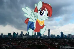Size: 2048x1365 | Tagged: safe, artist:cheezedoodle96, derpibooru import, edit, editor:jaredking779, valley glamour, pegasus, pony, background pony, bracelet, clothes, denim, denim shorts, female, giant pony, giantess, grin, highrise ponies, image, indonesia, irl, jakarta, jewelry, jpeg, looking at you, macro, mare, midriff, photo, ponies in real life, shirt, shorts, smiling, solo, spread wings, wings