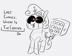 Size: 477x372 | Tagged: safe, artist:wtrclover, derpibooru import, sweetie belle, pony, robot, robot pony, unicorn, dialogue, image, missile, monochrome, png, solo, sweetie bot, text, weapon