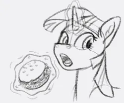 Size: 259x217 | Tagged: safe, artist:wtrclover, derpibooru import, twilight sparkle, pony, unicorn, burger, bust, food, image, levitation, magic, monochrome, open mouth, png, reference, solo, telekinesis, twilight burgkle