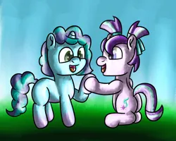 Size: 3000x2400 | Tagged: safe, artist:saburodaimando, derpibooru import, starlight glimmer, pony, unicorn, g5, female, filly, filly misty, filly starlight glimmer, image, looking at each other, looking at someone, misty brightdawn, png, starlight glimmer day, younger