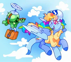 Size: 2838x2500 | Tagged: safe, artist:cocopudu, derpibooru import, rainbow dash, tank, pegasus, pony, tortoise, clothes, cloven hooves, duo, eyebrows, eyebrows visible through hair, female, flying, freckles, helicopter, image, jpeg, mare, one eye closed, open mouth, open smile, shirt, sky, smiling, suitcase, sunglasses, sunglasses on head, white pupils