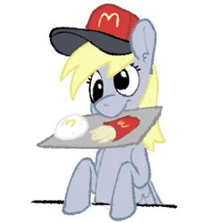 Size: 294x304 | Tagged: safe, artist:wtrclover, derpibooru import, derpy hooves, pegasus, pony, burger, cap, food, french fries, hat, image, mcdonald's, mouth hold, png, serving tray, simple background, sitting, solo, white background