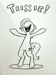 Size: 3000x4000 | Tagged: safe, artist:wtrclover, derpibooru import, trixie, pony, unicorn, image, jpeg, monochrome, nose in the air, open mouth, open smile, smiling, solo, standing on two hooves, text
