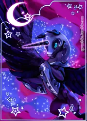 Size: 500x700 | Tagged: safe, artist:syrusbliz, derpibooru import, nightmare moon, alicorn, pony, blue eyes, blue mane, blue tail, crescent moon, digital art, ethereal mane, ethereal tail, feather, female, flowing mane, flowing tail, glow, glowing horn, helmet, hoof shoes, horn, image, jpeg, magic, mare, moon, night, print, sky, solo, spread wings, starry mane, starry tail, stars, tail, wings