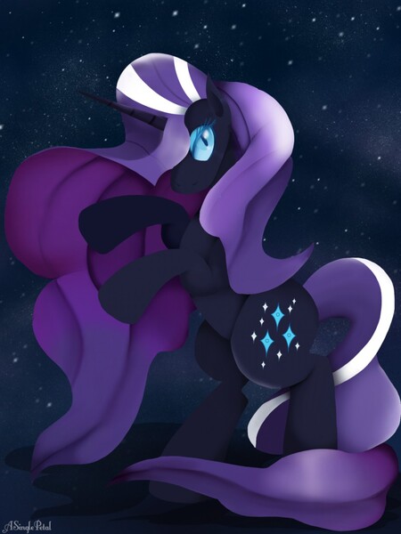 Size: 960x1280 | Tagged: safe, artist:asinglepetal, derpibooru import, nightmare rarity, pony, unicorn, black background, blue eyes, colored pupils, digital art, eyeshadow, female, flowing mane, flowing tail, horn, image, jpeg, long horn, makeup, mare, night, print, purple mane, purple tail, redraw, signature, simple background, sky, solo, stars, tail