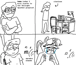 Size: 585x499 | Tagged: safe, artist:wtrclover, derpibooru import, anthro, human, unicorn, clothes, clueless, comic, crying, glasses, hand, image, meme, monochrome, png, rage comic, text, today i will listen to some x
