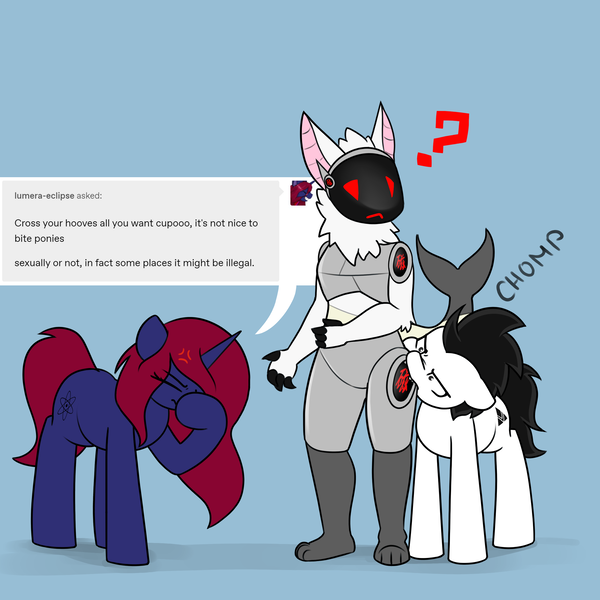 Size: 3000x3000 | Tagged: safe, artist:vipy, derpibooru import, oc, oc:vipy, cyborg, earth pony, pony, unicorn, biting, butt bite, image, png, protogen, simple background