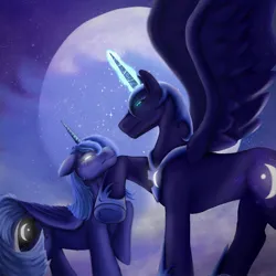 Size: 1080x1080 | Tagged: safe, artist:otherwordiy, derpibooru import, nightmare moon, princess luna, alicorn, pony, blank eyes, blue eyes, blue mane, cloud, colored pupils, crying, digital art, dream, ethereal mane, female, flowing mane, glow, glowing horn, helmet, hoof shoes, horn, image, jpeg, looking at each other, looking at someone, magic, mare, moon, night, peytral, sad, spread wings, starry mane, stars, story included, translucent, wings