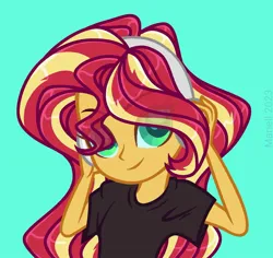 Size: 1800x1701 | Tagged: safe, artist:twilightbaby2020, derpibooru import, sunset shimmer, human, equestria girls, base used, blue background, cyan background, eye clipping through hair, female, headphones, image, jpeg, simple background, smiling, solo