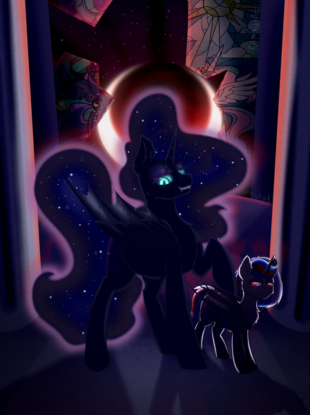 Size: 2244x3000 | Tagged: safe, artist:ekaterinaramm, derpibooru import, nightmare moon, princess luna, alicorn, bat pony, pony, bat ponified, bat wings, blue eyes, blue mane, blue tail, colored pupils, crepuscular rays, crescent moon, dark, digital art, ethereal mane, ethereal tail, evil grin, eyeshadow, female, flowing mane, flowing tail, folded wings, grin, high res, horn, image, looking at you, lunabat, makeup, mare, moon, night, nightmare night, png, race swap, raised hoof, sky, smiling, smiling at you, sparkles, stars, tail, teeth, wings