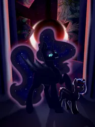 Size: 2244x3000 | Tagged: safe, artist:ekaterinaramm, derpibooru import, nightmare moon, princess luna, alicorn, bat pony, pony, bat ponified, bat wings, blue eyes, blue mane, blue tail, colored pupils, crepuscular rays, crescent moon, dark, digital art, ethereal mane, ethereal tail, evil grin, eyeshadow, female, flowing mane, flowing tail, folded wings, grin, high res, horn, image, looking at you, lunabat, makeup, mare, moon, night, nightmare night, png, race swap, raised hoof, sky, smiling, smiling at you, sparkles, stars, tail, teeth, wings