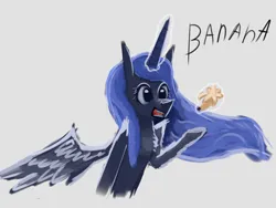 Size: 2560x1920 | Tagged: safe, artist:xelksor, derpibooru import, princess luna, alicorn, pony, banana, female, food, glow, glowing horn, horn, image, mare, png, simple, simple background, simple shading, wings