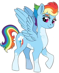 Size: 866x1077 | Tagged: safe, alternate version, artist:anonymous, artist:possumtots, edit, editor:edits of hate, rainbow dash, pegasus, pony, alternate design, cloud coat pattern, eyebrows, female, image, looking at you, mare, more than an edit, pale belly, png, rainbow eyebrows, raised leg, simple background, smiling, socks (coat marking), solo, spread wings, transparent background, wings