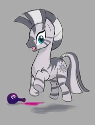 Size: 1960x2559 | Tagged: safe, artist:marbo, zecora, zebra, /mlp/, 4chan, bracelet, chest fluff, drawthread, ear piercing, earring, female, flask, fluffy, gray background, image, jewelry, neck rings, no hooves, open mouth, piercing, png, potion, pun, quadrupedal, raised hoof, requested art, simple background, solo, surprised, visual pun