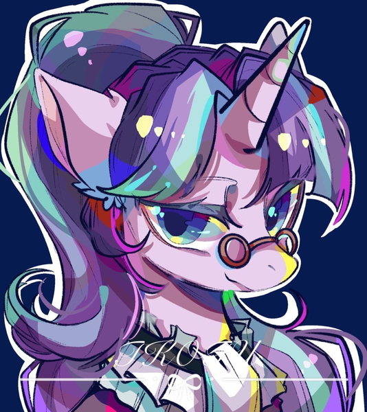 Size: 1024x1150 | Tagged: safe, artist:tkotu1, derpibooru import, edit, snowfall frost, starlight glimmer, pony, unicorn, bust, female, glasses, image, lidded eyes, looking at you, mare, png, signature, solo