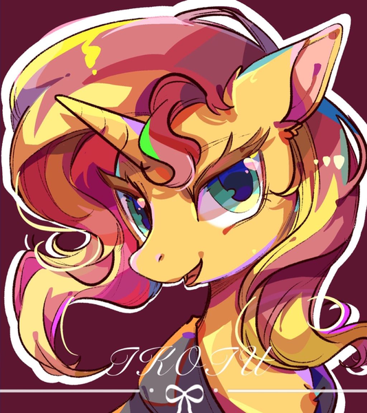 Size: 1024x1150 | Tagged: safe, artist:tkotu1, derpibooru import, edit, sunset shimmer, pony, unicorn, bust, female, image, looking at you, mare, png, signature, smiling, smiling at you, solo