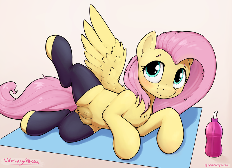 Size: 2498x1810 | Tagged: questionable, artist:whiskeypanda, derpibooru import, fluttershy, pegasus, pony, abstract background, blushing, bottle, clothes, crotchboobs, female, gradient background, image, leg warmers, legwear, looking at you, nudity, png, raised hoof, raised leg, signature, smiling, smiling at you, solo, solo female, sports, spread wings, vulva, water bottle, wings, yoga, yoga mat