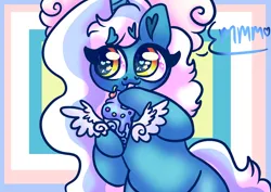Size: 1024x724 | Tagged: safe, artist:iloveehlm, derpibooru import, oc, oc:fleurbelle, unofficial characters only, alicorn, pony, semi-anthro, alicorn oc, bow, cherry, drink, drinking, female, food, hair bow, horn, image, mare, milkshake, png, solo, speech bubble, wingding eyes, wings