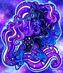 Size: 1104x1280 | Tagged: safe, artist:kaijujungle, derpibooru import, idw, nightmare rarity, pony, unicorn, angry, antagonist, colored pupils, crown, digital art, ethereal mane, ethereal tail, evil, eyelashes, fangs, female, flowing mane, flowing tail, gem, horn, image, jewelry, jpeg, long horn, looking at you, mare, menacing, night, open mouth, purple mane, purple tail, regalia, signature, sky, solo, sparkles, starry mane, starry tail, stars, tail, teeth, threatening, unshorn fetlocks, villainess
