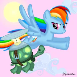 Size: 1400x1400 | Tagged: safe, artist:mlplary6, derpibooru import, rainbow dash, tank, pegasus, pony, turtle, animal, cloud, female, flying, image, looking at each other, looking at someone, male, mare, png, sky, smiling, smiling at each other, sun