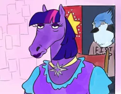 Size: 932x728 | Tagged: safe, artist:plasticrarity, derpibooru import, twilight sparkle, anthro, bird, horse, bojack horseman, clothes, crossover, crossover shipping, door, dress, female, image, jewelry, jpeg, male, missing horn, mordecai, mordetwi, necklace, regular show, room, shipping, shirt, straight, style emulation, t-shirt