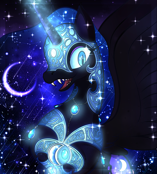 Size: 1800x2000 | Tagged: safe, artist:ryuko-rose, derpibooru import, nightmare moon, alicorn, pony, beautiful, blue eyes, blue mane, blue tail, bust, crescent moon, dazzling, digital art, ethereal mane, ethereal tail, eyeshadow, fangs, female, flowing mane, flowing tail, gem, glow, glowing eyes, glowing horn, high res, horn, image, jewelry, magic, makeup, mare, moon, necklace, night, open mouth, pearl necklace, peytral, png, portrait, redesign, regalia, solo, space, sparkles, spread wings, starry mane, starry tail, stars, tail, teeth, wings