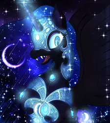 Size: 1800x2000 | Tagged: safe, artist:ryuko-rose, derpibooru import, nightmare moon, alicorn, pony, beautiful, blue eyes, blue mane, blue tail, bust, crescent moon, dazzling, digital art, ethereal mane, ethereal tail, eyeshadow, fangs, female, flowing mane, flowing tail, gem, glow, glowing eyes, glowing horn, high res, horn, image, jewelry, magic, makeup, mare, moon, necklace, night, open mouth, pearl necklace, peytral, png, portrait, redesign, regalia, solo, space, sparkles, spread wings, starry mane, starry tail, stars, tail, teeth, wings