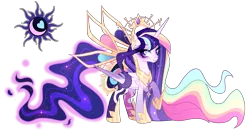 Size: 3629x1920 | Tagged: safe, artist:gihhbloonde, derpibooru import, oc, unofficial characters only, alicorn, pony, crown, female, fusion, fusion:princess cadance, fusion:princess celestia, fusion:princess luna, fusion:twilight sparkle, image, jewelry, mare, png, regalia, simple background, solo, transparent background